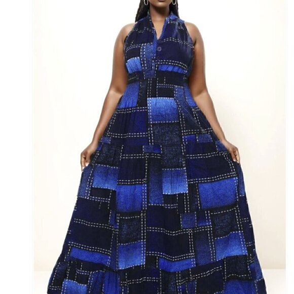 SMOCKED AFRICAN KITENGE PRINT SUN DRESS MAXI SUMMER VACATION - Picture 1 of 1